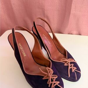 Sergio Rossi Purple Suede Slingback Heels with Tan Trim